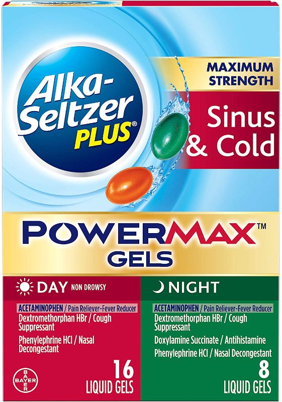 Photo 1 of ALKA-SELTZER PLUS Maximum Strength PowerMax Sinus and Cold Medicine, Day + Night Liquid Gels for Adults with Pain Reliever, Fever Reducer, Cough Suppressant, Nasal Decongestant, 24 Count
best by 5 - 21 
EXPIRES 5/21