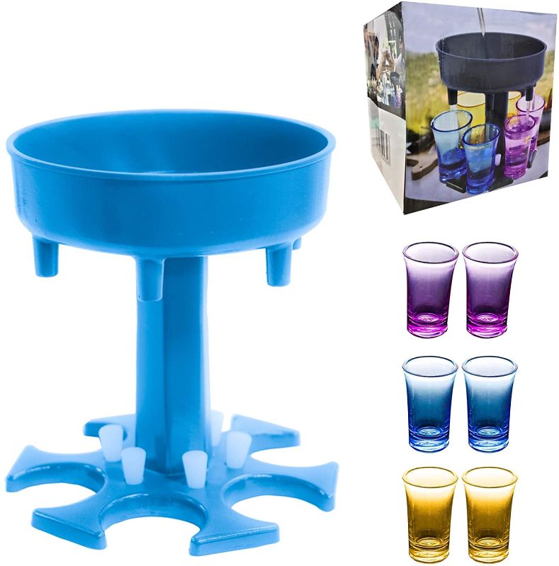 Photo 1 of 6 Shot Glass Dispenser and Holder With 6 Pcs 1.2oz Acrylic Cup, Drinking Games Wine Dispenser for Bar Cocktail, Dispenser for Filling Liquids Blue Dispenser With Slogan
