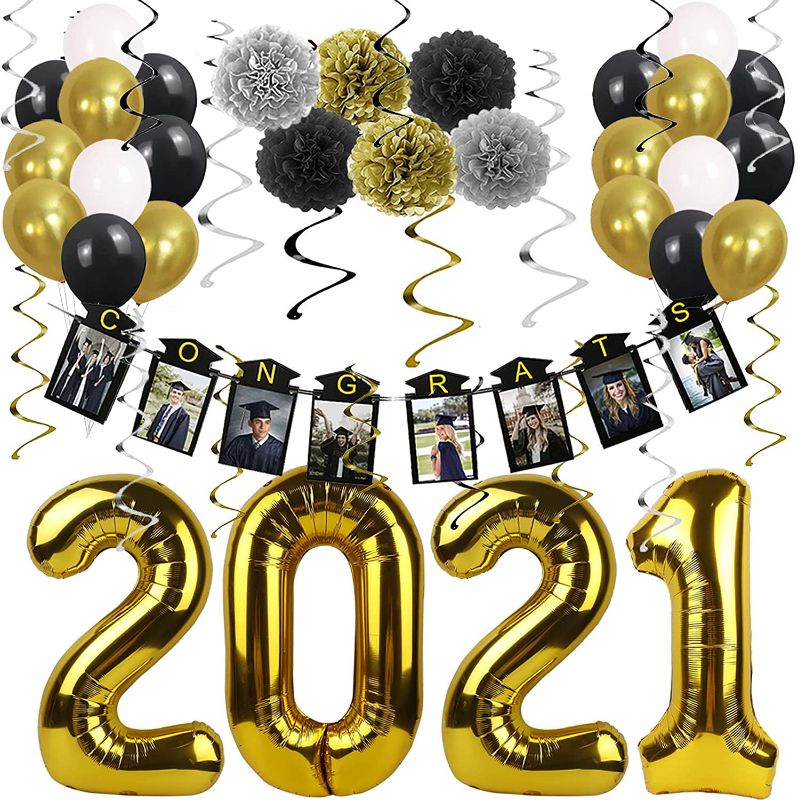 Photo 1 of 2021 Graduation Party Decoration Supplies, Black and Gold Banners Balloons Photo Frame for Adults Kid High School College Junior Senior Congrats Favor

