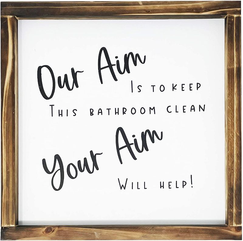 Photo 1 of "Your Aim Sign For Bathroom-Rustic Farmhouse" English Text Rustic Cottage Decor Sign, Fun Guest Bathroom Wall Art, Modern Wall Sign with Fun Quotes, Cute Home Decor, 12 '' x 12 ''
