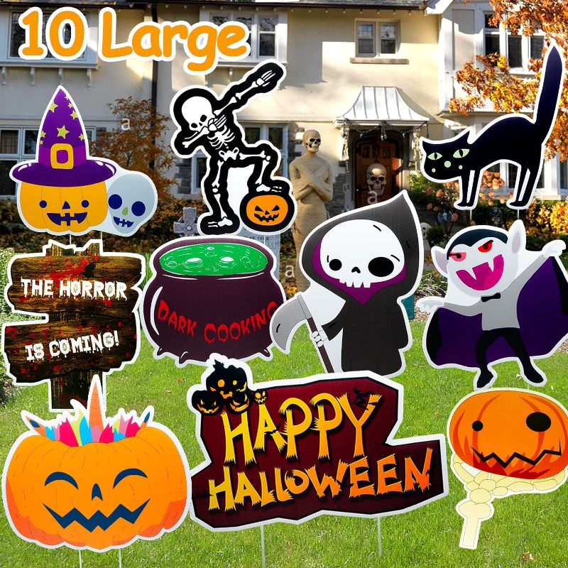 Photo 1 of 10 Pack Halloween Outdoor Decorations Yard Signs Yard Stakes Outdoor Stake Decorations Trick or Treat Yard Signs for Halloween Yard Lawn Party Decorations Pumpkin Skeleton and Vampire Waterproof Signs
