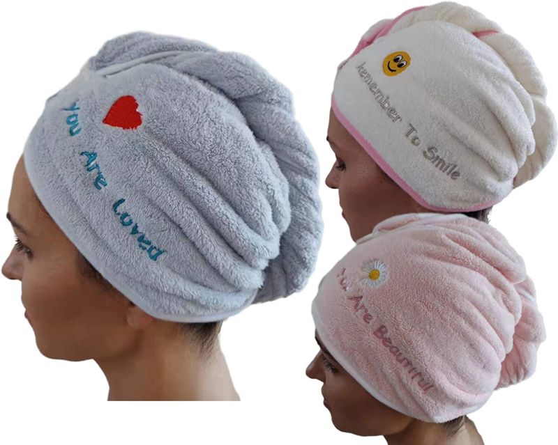 Photo 2 of Microfiber Premium Hair Towel Wrap 3 Pack,Super Absorbent, Quick Dry Wet Hair, Anti Frizzy, Hair Turban, Curly, Long ,Thick Hair for Women Smiling Face Set(Beige+Pink+Blue)
