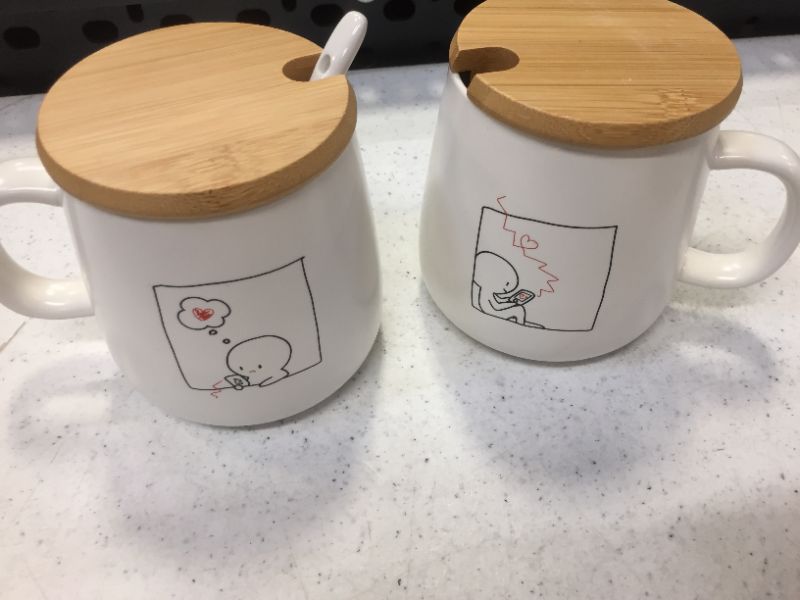 Photo 1 of AAI Couple Coffee Mugs-For him and her,Matching Couple,For Anniversary,Girlfriend Boyfriend,Fiance,Husband And Wife,With a Bamboo Lid and a Spoon,ceramic coffee mugs,12 Oz,Dishwasher safe-----MISSING A SPOON 
