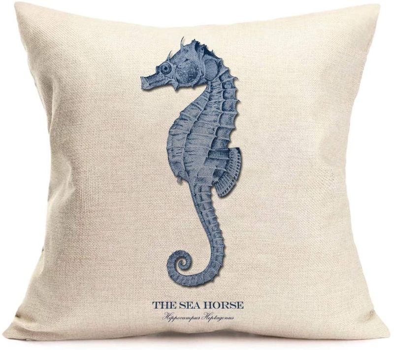 Photo 1 of Fukeen Coastal Theme Home Decorations Throw Pillow Case Blue Ocean Seahorse Pattern Cushion Covers Cotton Linen 18x18 Inch Pillowcase
