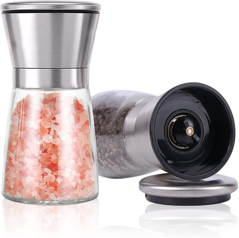 Photo 1 of Herda 2 Pack Refillable Salt and Pepper Grinders Set - Pepper Mill with Stainless Steel Head- Short Glass Shakers with Adjustable Coarseness for Sea Salt, Black Peppercorn, Spices
