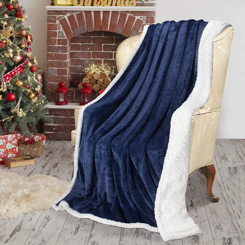 Photo 1 of Blue Sherpa Throw Plush Blanket Size 50" x 60" Bedding Fleece Reversible Blanket for Bed and Couch, Super Soft Comfy Warm Fuzzy TV Blanket
