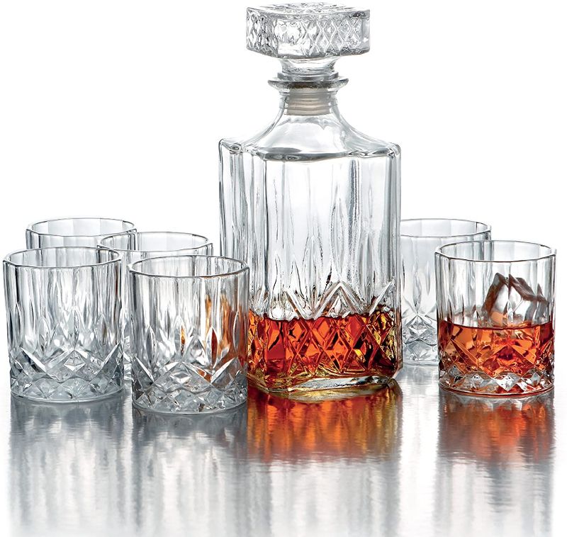 Photo 1 of 7 Piece Decorative Whiskey Decanter Set with Top- Lead Free Glass for Wine, Bourbon, Brandy, Liquor, 32 oz, Clear
