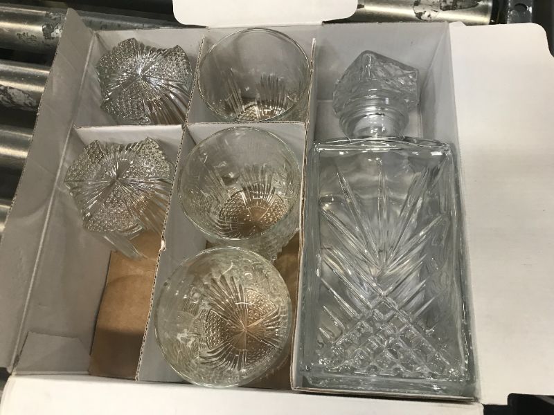 Photo 2 of 7 Piece Decorative Whiskey Decanter Set with Top- Lead Free Glass for Wine, Bourbon, Brandy, Liquor, 32 oz, Clear
