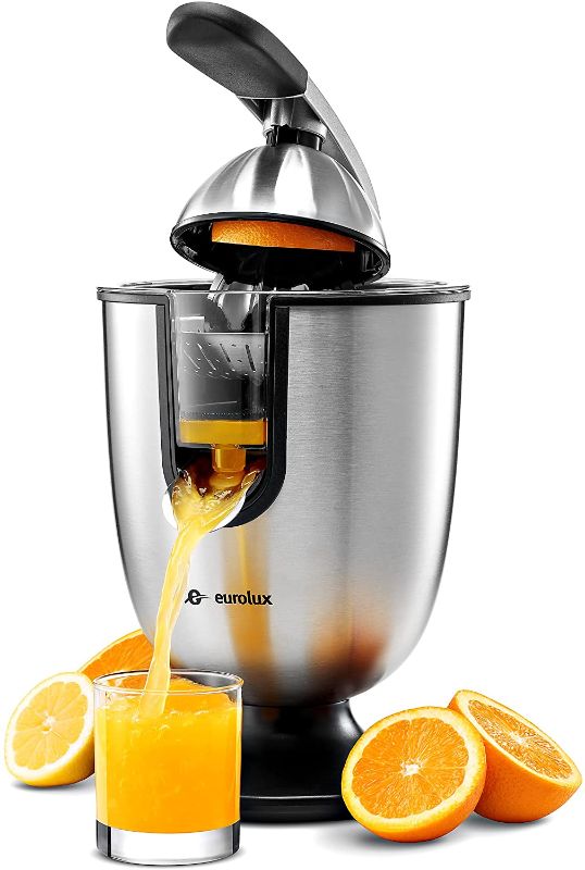 Photo 1 of Eurolux Electric Citrus Juicer Squeezer, for Orange, Lemon, Grapefruit, Stainless Steel 160 Watts of Power Soft Grip Handle and Cone Lid for Easy Use (ELCJ-1700S)
