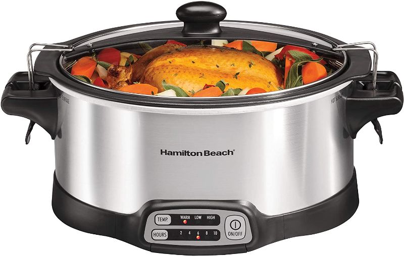 Photo 1 of Hamilton Beach, Stay or Go Programmable Slow Cooker, Portable Stovetop Sear & Cook, 6 Quart, Lid Lock, Silver (33663)
