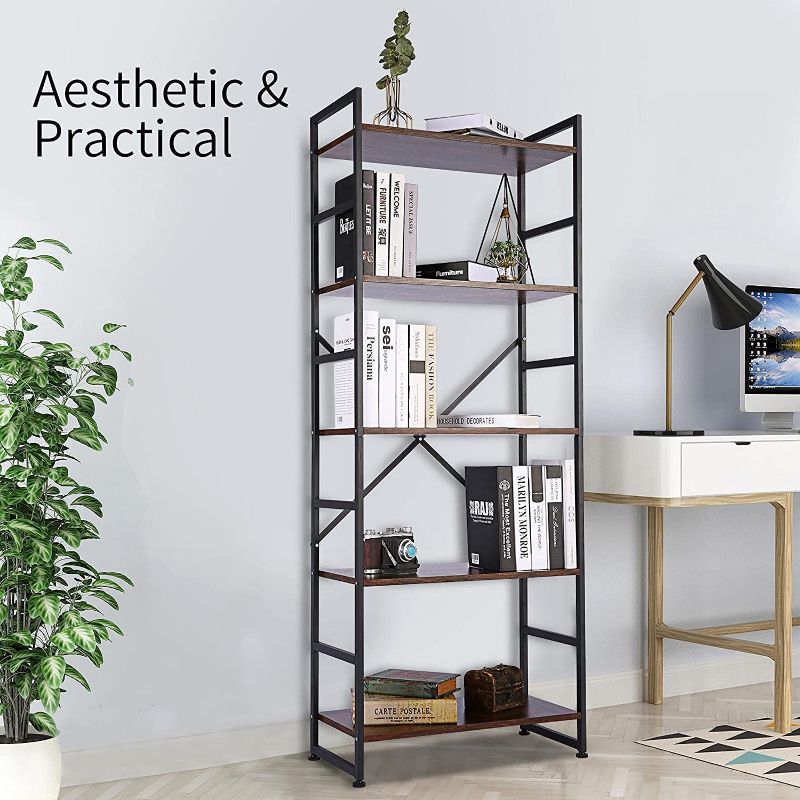 Photo 1 of  5-Tier Bookshelf, Wood Industrial Book Shelf with Metal Frames, Tall Open Bookcase Shelves Unit for Living Room, Bedroom and Office, Rustic Brown
