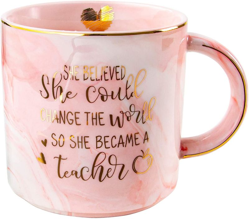 Photo 1 of 48 pack of Vilight New Teacher Graduation Gifts for Women - She Believed She Could So She Became A Teacher Mug - Pink Marble Coffee Cup 11 Oz
