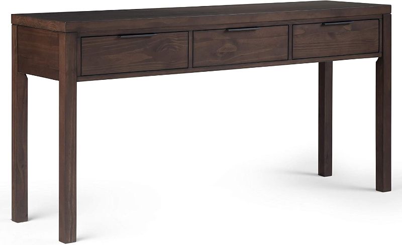 Photo 1 of SIMPLIHOME Hollander SOLID WOOD 60 inch Wide Contemporary Modern Wide Console Sofa Entryway Table in Warm Walnut Brown with Storage, 3 Drawers , for the Living Room, Entryway and Bedroom
