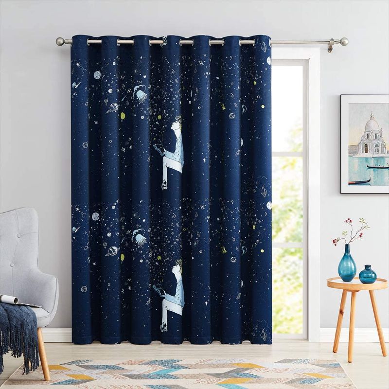 Photo 1 of 100% Blackout Window Door Curtain 100 Inch Extra Wide for Kids Bedroom Sliding Patio Door, Star Planet Universe Theme Printed Thermal Insulated Grommet Top 84" Length Navy Blue Drape, 1 Panel
