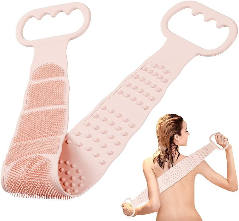 Photo 1 of Back Scrubber for Shower, Silicone Long Exfoliating Bath Body Brush for Women, Easy to Clean Pink
