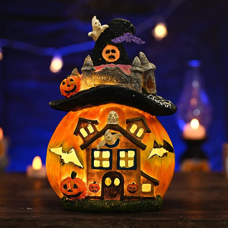 Photo 1 of 12 Inch Tall Halloween Decor Jack O Lanterns with Battery or USB Powered, Resin Pumpkin House Statue with Witch Hat Halloween Decorations Indoor Light, Night Table Light Lamp for Bedroom, House
