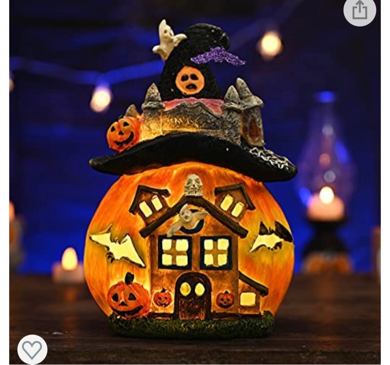 Photo 1 of 12 Inch Tall Halloween Decor Jack O Lanterns with Battery or USB Powered, Resin Pumpkin House Statue with Witch Hat Halloween Decorations Indoor Light, Night Table Light Lamp for Bedroom, House