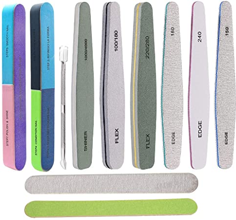 Photo 1 of 11 Pcs Nail Files Set for Nature Acrylic Nail Professional Multifunctional 2 7-Way Fingernail and Buffer Shine Block Emery Boards with 2 Wood File, Different Grit Nail File with Cuticle Pusher 10pcs
