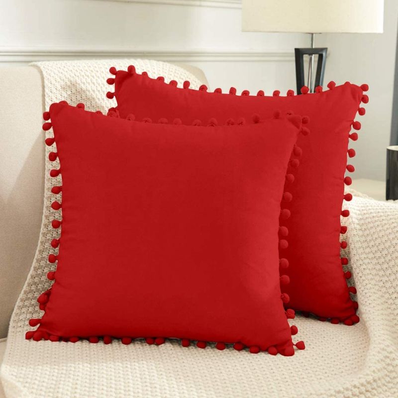 Photo 1 of BeBen Decorative Christmas Throw Pillow Covers with Pom Poms, Pack of 2 Soft Particles Velvet Pillow Cases Square Cushion Covers for Couch Bedroom Car Sofa Outdoors 18x18 Red