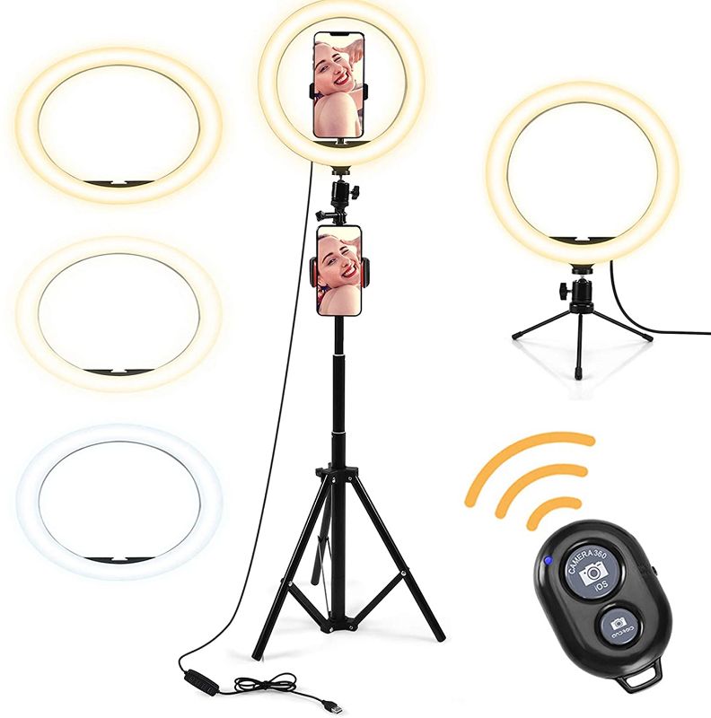 Photo 1 of 10" Selfie Ring Light with Tripod Stand & 2 Phone Holders,Dimmable Led Beauty Camera Ringlight for Live Stream/Makeup/YouTube/TIK Tok/Camera for iPhone Android
