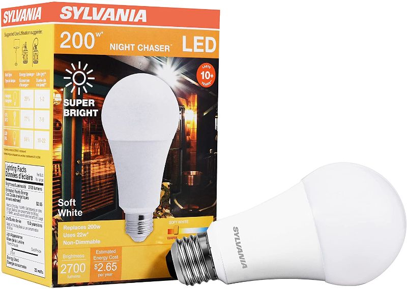 Photo 1 of 
SYLVANIA Night Chaser LED A21 Light Bulb, 200W Equivalent, Efficient 22W, 10 Year, Non-Dimmable, Super Bright 3000 Lumen, Soft White - 1 Pack 