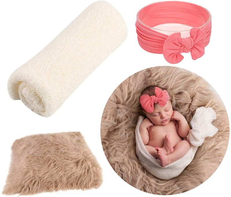 Photo 1 of 3Pcs Infant Newborn Photography Props, Jasen DIY Faux Fur Nursery Swaddling Blankets & Toddler Wraps with Headband Set (Khaki- Cocoa Powder)