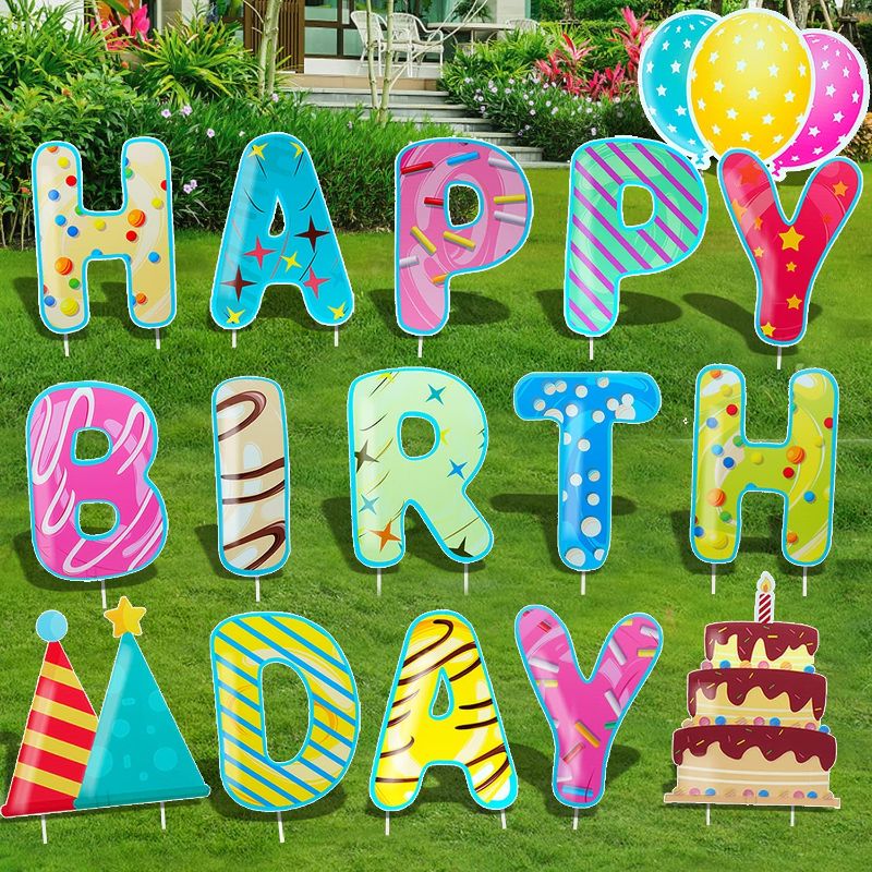 Photo 1 of 16PC Happy Birthday Yard Sign 15" Large Birthday Party Decorations Yard Stakes Lawn Signs Outdoor Decal Yard Signs for Birthday Yard Lawn Party Supplies Alphabets Balloons Cake Waterproof Party Decals
