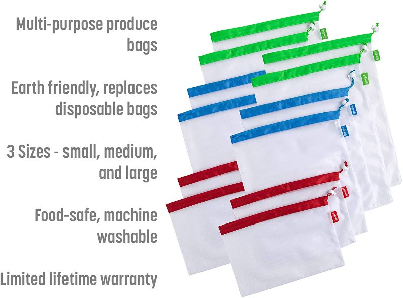 Photo 1 of Goodful Reusable Mesh Produce Bags, Washable, Breathable and See-Through with Colorful Drawstring Toggle Closures, For Grocery Shopping, Fruits, and Vegetable, 12 Pack, Multicolor