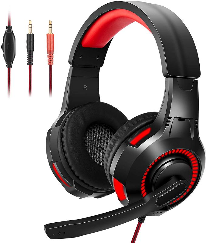 Photo 1 of Wingstime Gaming Headset for PS4 PS5 Xbox ONE PC Laptop Nintendo Switch with Microphone, Over Ear Headphone Stereo Sound Soft Noise Cancelling Memory Earmuffs, LED Light mic (Adapter Needed)
