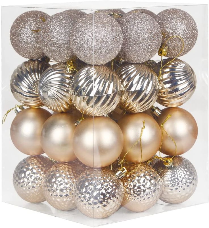 Photo 1 of 36ct Christmas Bauble Ornaments Set for Xmas Tree,Shatterproof Christmas Decorations Tree Balls for DIY Handcraft Holiday Wedding Party Decoration,Tree Ornaments Hooks Included (Champagne, 2.36")
