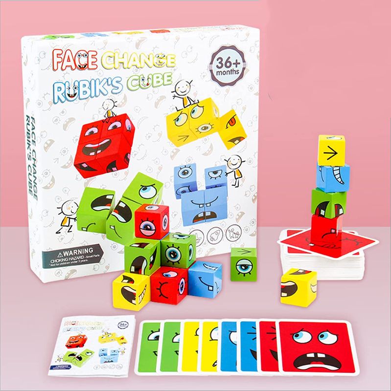 Photo 1 of Expression Puzzle Building Cubes Wooden Face-Changing Magic Cube Building Blocks Matching Game Logical Thinking Training Brain Toy Borad Games Educational Montessori Toys (B)