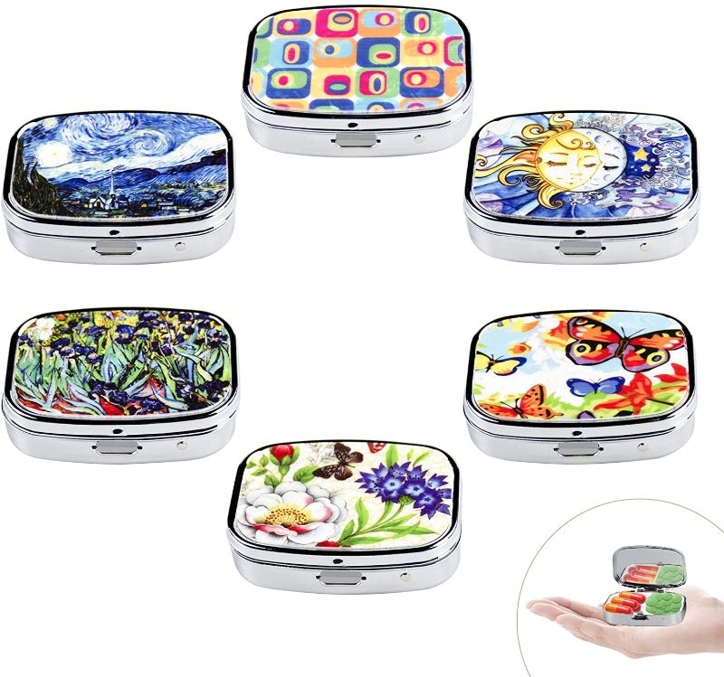 Photo 1 of 6Pcs Portable Pill Box 2 Compartment Medicine Pill Case, LASZOLA Small Stainless Steel Tablet Vitamin Holder Dispenser Organizer Watercolor Painting Jewelry Storage Box for Purse Pocket (Version 1)