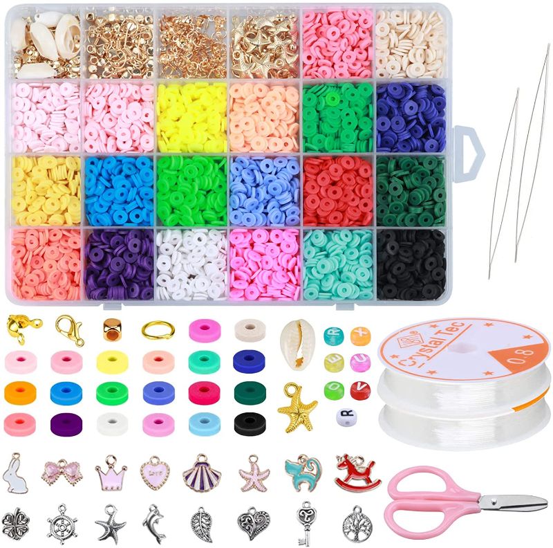 Photo 1 of Beads for Jewelry Making kit 5000 Pcs Heishi Beads Clay Beads 6mm 20 Colors with 520 Pcs Letter Beads 2 Roll Elastic Strings for DIY Jewelry Making Bracelets Necklace Beading Supplies Accessories