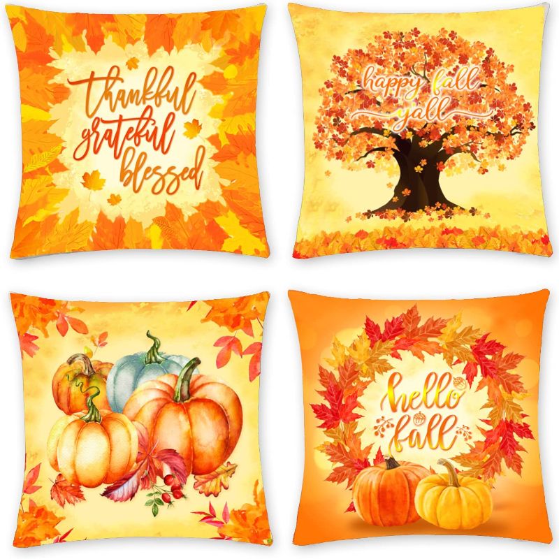 Photo 1 of Aligree Fall Pillow Covers 18x18 Inch Set of 4 For Thanksgiving Decorations&Fall Home Decor/Autumn Decor/Pumpkin Leaves Theme Farmhouse Decorative Throw Pillow Covers for Sofa Couch/Outdoor Decoration