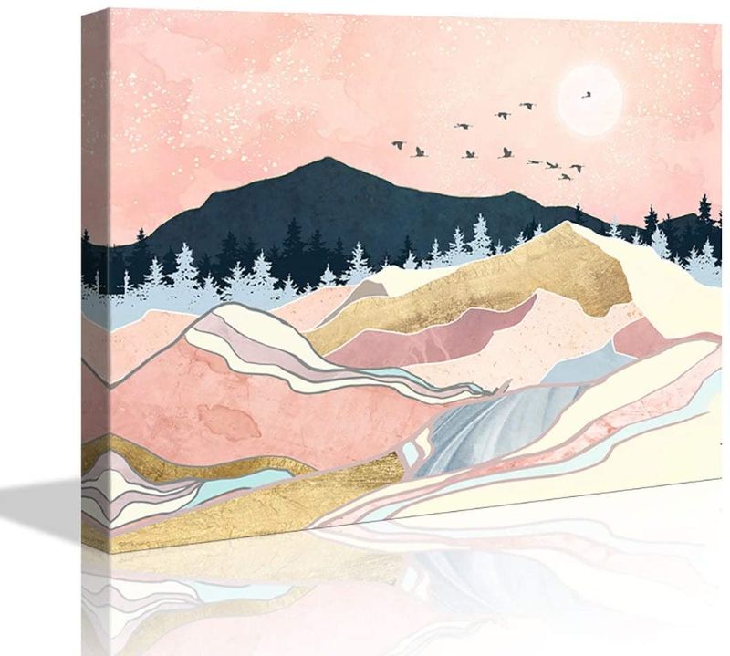 Photo 1 of Bathroom Decor Room Pink Moon Geometric Mountain Canvas Wall Decor for Home Artwork Painting 12" x 16"Canvas Print for Bedroom Decor Modern Salon Kitchen Office Hang a Picture