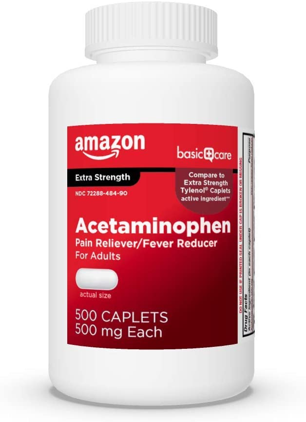 Photo 1 of Amazon Basic Care Extra Strength Pain Relief, Acetaminophen Caplets, 500 mg, 500 Count (Pack of 2) exp 11/22