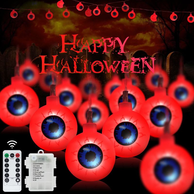 Photo 1 of 30 LED Halloween Eyeball String Lights-Upgraded 16FT Outdoor Halloween Lights Waterproof, Remote with 6-Hours Timer, 8 Flashing Modes, Battery Operated for Garden, Party, Indoor Decoration (Red)