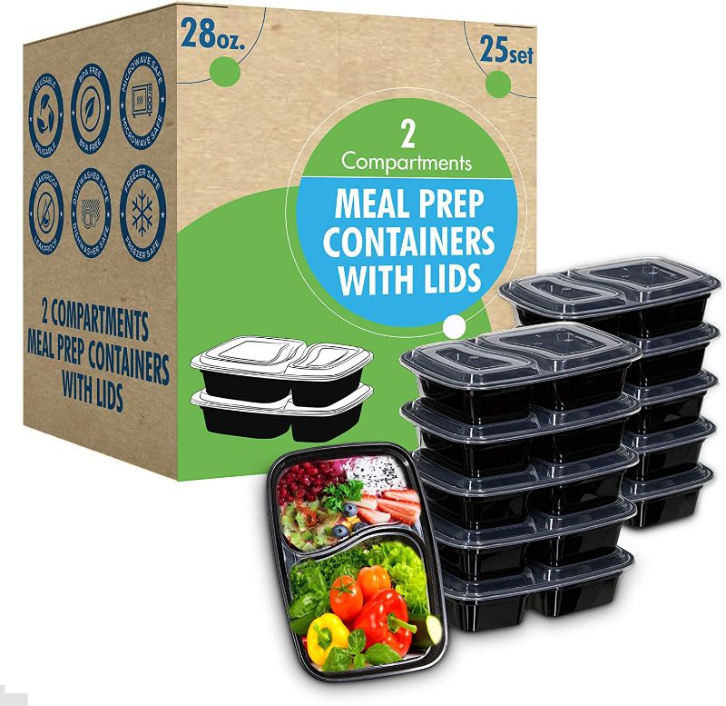 Photo 1 of 28oz (25 Sets)- Meal Prep Containers 2 Compartment With Lids- Lunch Containers, Food Prep Containers, Food Storage Bento Box, Portion Control | Stackable | Microwave | Dishwasher | Freezer Safe.