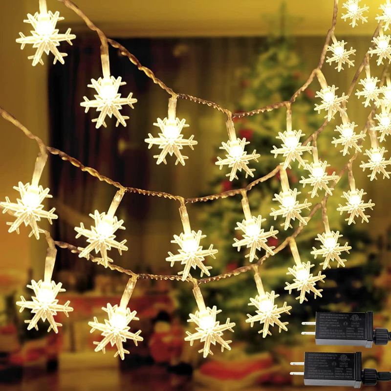 Photo 1 of 2-Pack Connectable 100LED Snowflake Christmas Lights Plug in, 33ft Clear Wire Fairy LED String Lights for Xmas Tree Patio Bedroom Party Home Decorations Indoor/Outdoor (Warm White)