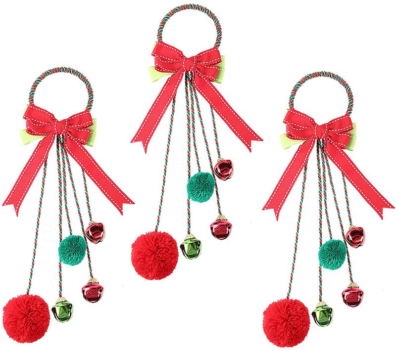 Photo 1 of ZHANYIGY 15" Christmas Jingle Bells Door Hanger Ornaments ,3pc Set Red Green Christmas Tree Decorations with 3 Bells and 2 Pom Pom Ball Ornaments