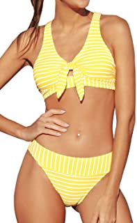 Photo 1 of CUPSHE Women's Yellow Striped Front Knotted Middle Waisted Bikini Set, XXL