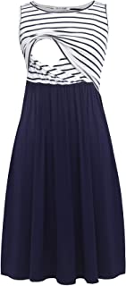 Photo 1 of Smallshow Women's Sleeveless Nursing Dresses Patchwork Maternity Breastfeeding Dress, Navy Stripe, Large