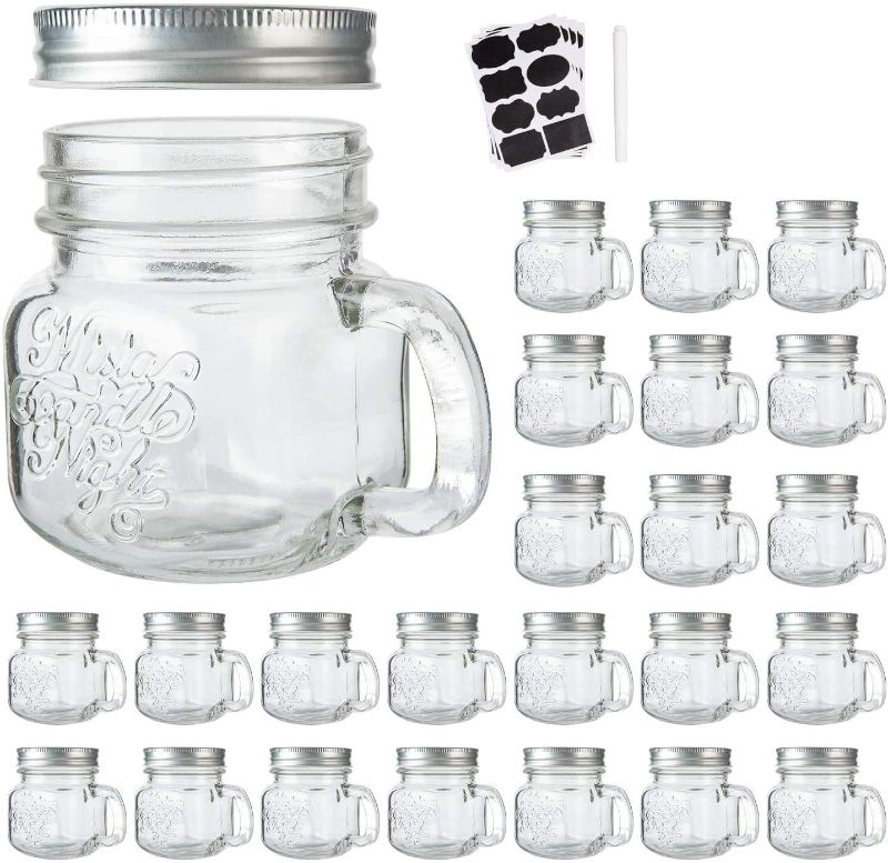 Photo 1 of 8 oz Glass Mason Mugs with Silver Lids, Mason Jar Glasses with Airtight Lids For Beverages, Canning Jars with Handle For Kitchen Storage, Glass Jars With Handle And Chalkboard Labels Marker Set of 24