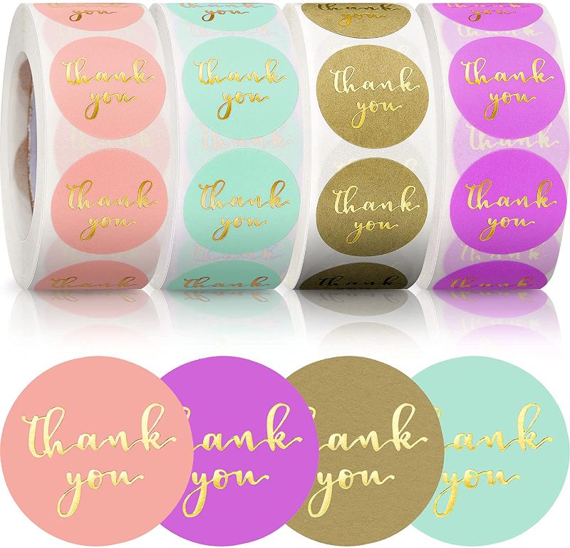 Photo 1 of 4 Rolls 2000 Pieces Thank You Label Stickers, 1 Inch Gold Foil Font Thank You Adhesive Sticker for Sealing Decorating Envelope Packaging Bag Box Card, 500 Labels Per Roll (Purple, Pink, Natural, Blue)