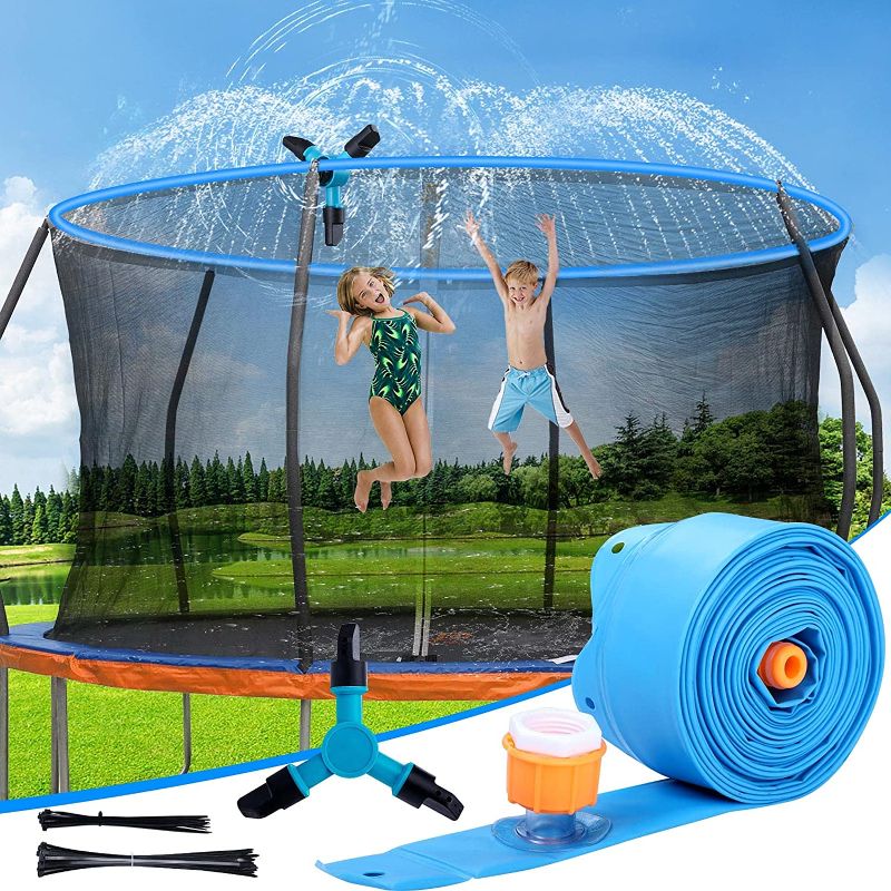 Photo 1 of JUOIFIP Trampoline Sprinkler for Kids Play, Summer Toys Outdoor Water Sprinkler for Boys and Girls, Trampoline Accessories Sprinkler 39FT Long for Water Play, Games, Summer Fun in Yards (360° Rotation, Blue)