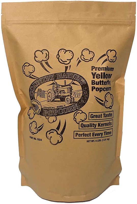 Photo 1 of Country Harvest Popcorn Premium Yellow Butterfly Gourmet Popcorn, 4 Pound Re-sealable Kraft Pouch, Best by 09/01/2021