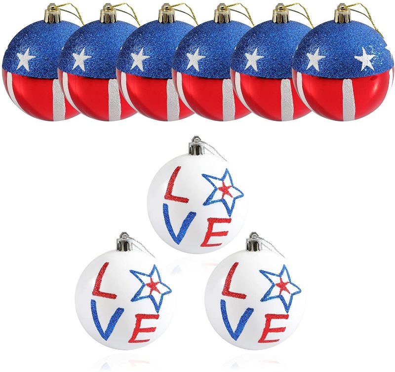 Photo 1 of Fuovt Christmas Ball Ornament 4th of July Patriotic Hanging Ornament Balls for USA Themed Party, Veteran's Day, Holiday, Christmas Tree Home Wall Decor (9Pcs Five-Pointed Star, 8CM/3.14IN)