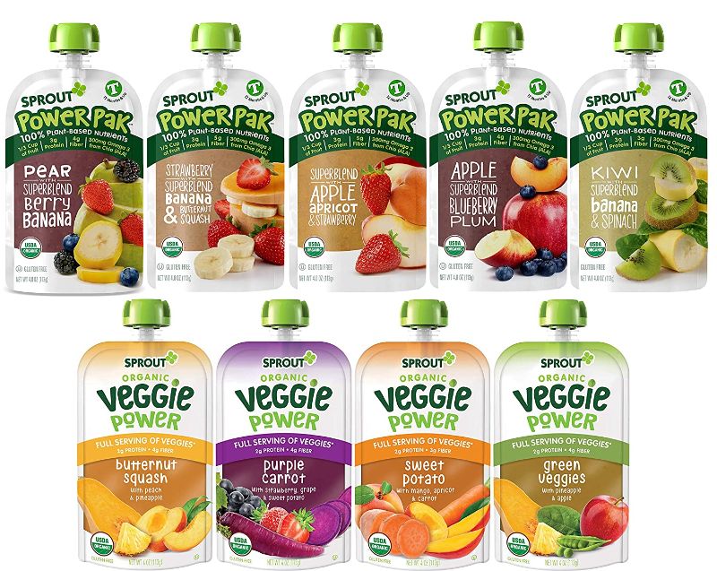 Photo 1 of Sprout Organic Baby Food, Stage 4 Toddler Pouches, 9 Flavor Power Pak and Veggie Power Sampler, 4 Oz Purees, Pack of 12, Best by 10/22/2021