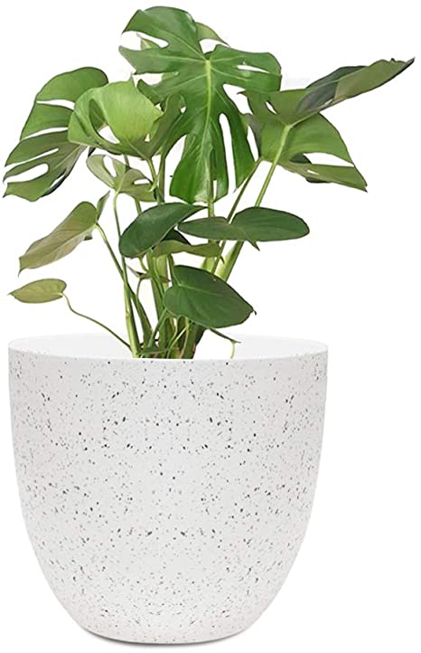 Photo 1 of 8 inch White Plant Pots, Outdoor Indoor Planter Pots with Drainage and Hanger, Floor-Standing Flower Pots, Speckled White