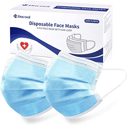 Photo 1 of DUCOOL 50 Pcs 3Ply Disposable Face Mask with Elastic Earloops, Blue